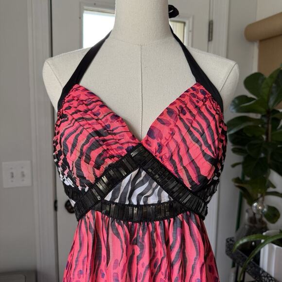 2B Bebe Animal Print Babydoll Maxi Dress Sz L Maximalism Y2K 2000s Halter Lined - Picture 3 of 11